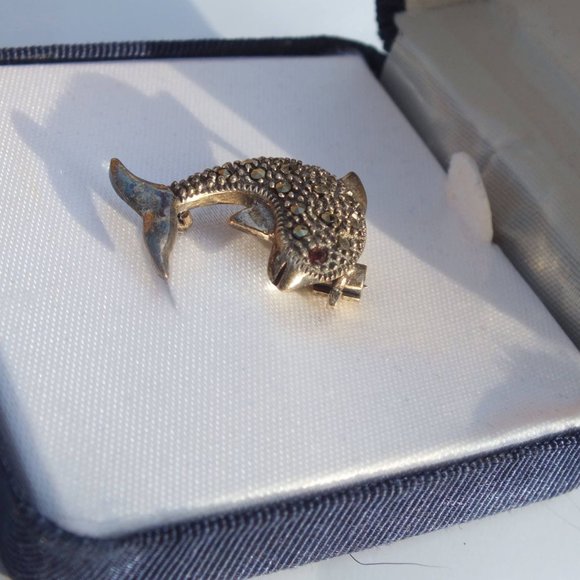 Sterling Silver Dolphin Brooch With Red Gem Eye and Storage Box, Silver Accents - Picture 3 of 7